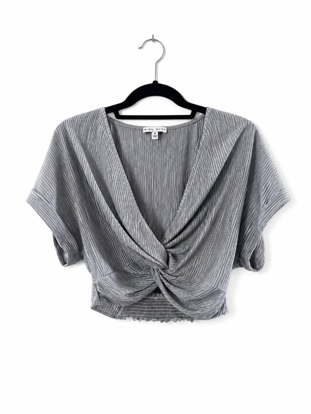 Miou Muse Silver Metallic Plisse Twist Front Crop Top Blouse Womens Medium